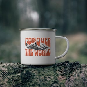 Adventure Enamel Mug, Conquer The World Camping Mug, Outdoor Coffee Cup, Wanderlust Campfire Mug, Gift for Explorer