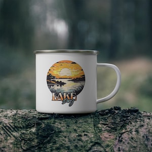 Lake Day Enamel Mug - Outdoor Adventure Camping Coffee Cup, Wilderness Campfire Tea Drinkware, Nature Lover Rustic Drink, Cabin Decor Hiking