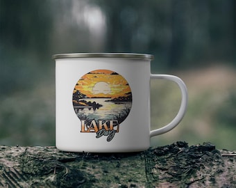 Taza esmaltada Lake Day: taza de café para acampar, aventura al aire libre, té para fogatas, bebida rústica para amantes de la naturaleza, decoración de cabañas para senderismo