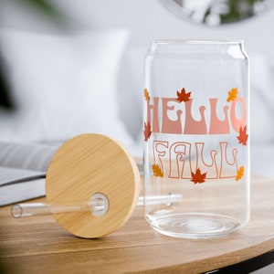 Hello Fall Sipper Glass, Bamboo Lid Glass Cup, Straw cup 16oz, fall season glass, autumn season glass, fall leaves cup red yellow orange cup