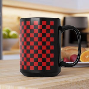 Checkerboard Coffee Mug, Black and Red Mug, Unique Ceramic Cup, Kitchen Drinkware, Gift for Coffee Lover