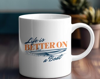 Tazza in ceramica "Boat Life", tazza da caffè nautica, tazza da tè con motoscafo, regalo per gli amanti della spiaggia, arredamento da cucina in stile costiero, bicchieri per le vacanze estive, tazza da lago