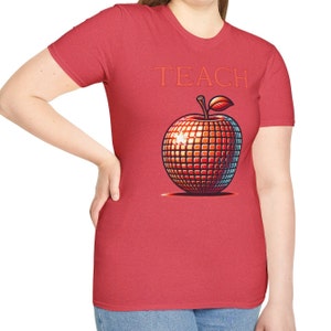 Red Disco Apple, TEACH Teacher T-Shirt, heather red, red on red, retro disco Apple, gift for teacher, gift for her, heather red t shirt,