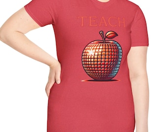 Red Disco Apple, TEACH Teacher T-Shirt, heather red, red on red, retro disco Apple, gift for teacher, gift for her, heather red t shirt,