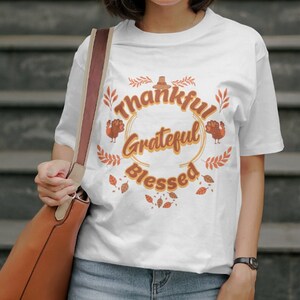 Thankful Grateful and Blessed Comfort Colors Shirt, Happy Thanksgiving Day Shirt, Fall Leaves and Punpkins thankful shirt, Unisex T-shirt