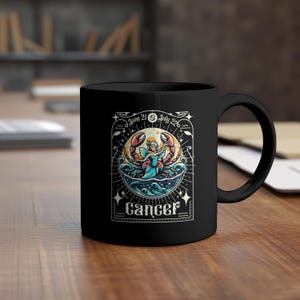 Taza de café con el signo zodiacal Cáncer - Taza de té astrológica de constelación, regalo de cumpleaños con horóscopo, decoración de cocina con estampado de estrellas, taza de cerámica negra