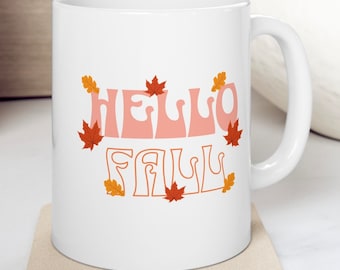 Hallo Herbst Kaffeebecher, Herbst Blätter Blatt Becher, rot orange gelbe Blätter Kaffeebecher, Herbst Saison Geschenk, Herbst Saison Geschenk, niedlicher Herbst Becher