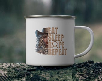 Enamel Camping Mug, Eat, Sleep, Rope, Repeat Coffee Mug, Cowgirl, Western Cowgirl, Outdoor Adventure Camp Cup, Rodeo Gift, Cowgirl Coffee