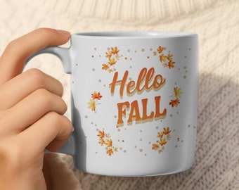 Hallo Herbst Kaffeebecher, Herbst Saison Becher, Herbst Saison Becher, fallende rote gelbe Blätter, große Kaffeebecher