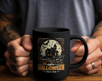 Spooky Mug, Haunted House With Bats And Full Moon, Halloween Cup, Gothic Drinkware, Creepy Coffee Mug, Witchy Tea Cup