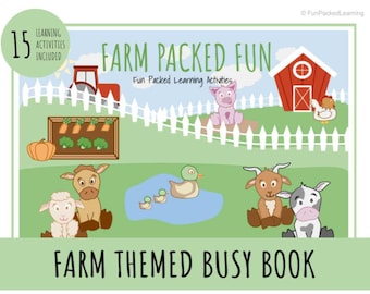Könnte beinhalten: Eine farbenfrohe Illustration einer Farm-Szene mit einem roten Stall, einem Traktor, einem Schwein, einem Huhn, einem Ententeich, einem Garten, einem Pferd, einem Schaf, einer Ziege und einer Kuh. Der Text "FARM PACKED FUN" und "FARM THEMED BUSY BOOK" ist im Bild enthalten.