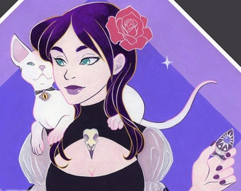 May include: A woman with purple hair and a black dress with a skeletal design holds a white cat. She is surrounded by pink roses and a crescent moon. The image has a dark, whimsical aesthetic.