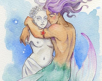 The Dreamer - Fantasy Mermay Watercolor Merman Art Print