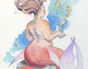 Dancing Fish - Mermaid Print Watercolor Painting - Mermay