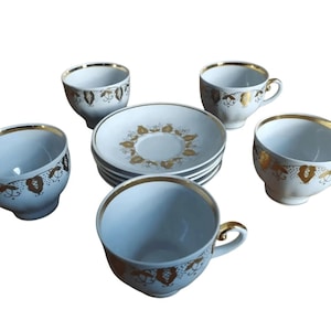 Set cups tea coffee porcelain vintage Ukraine, Cups 5 pcs saucers 5 pcs USSR 1970s rare, cups lace Baranovsky Porcelain Factory