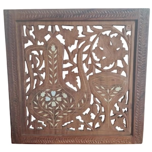 Panel carved wooden vintage, wall decor wood handmade, art wood jug glass leaves