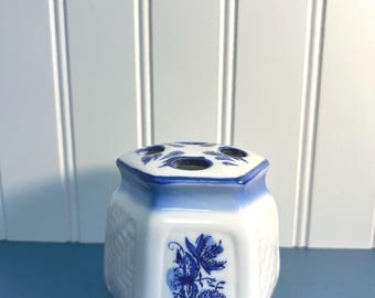 Vintage Blue and White Floral Tooth Brush Holder made by Porcelain ~ 3”x 3.5”