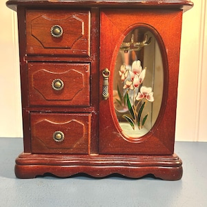 Vintage Mini Cherry Wood Jewelry Box/armoire W/ Floral Stained