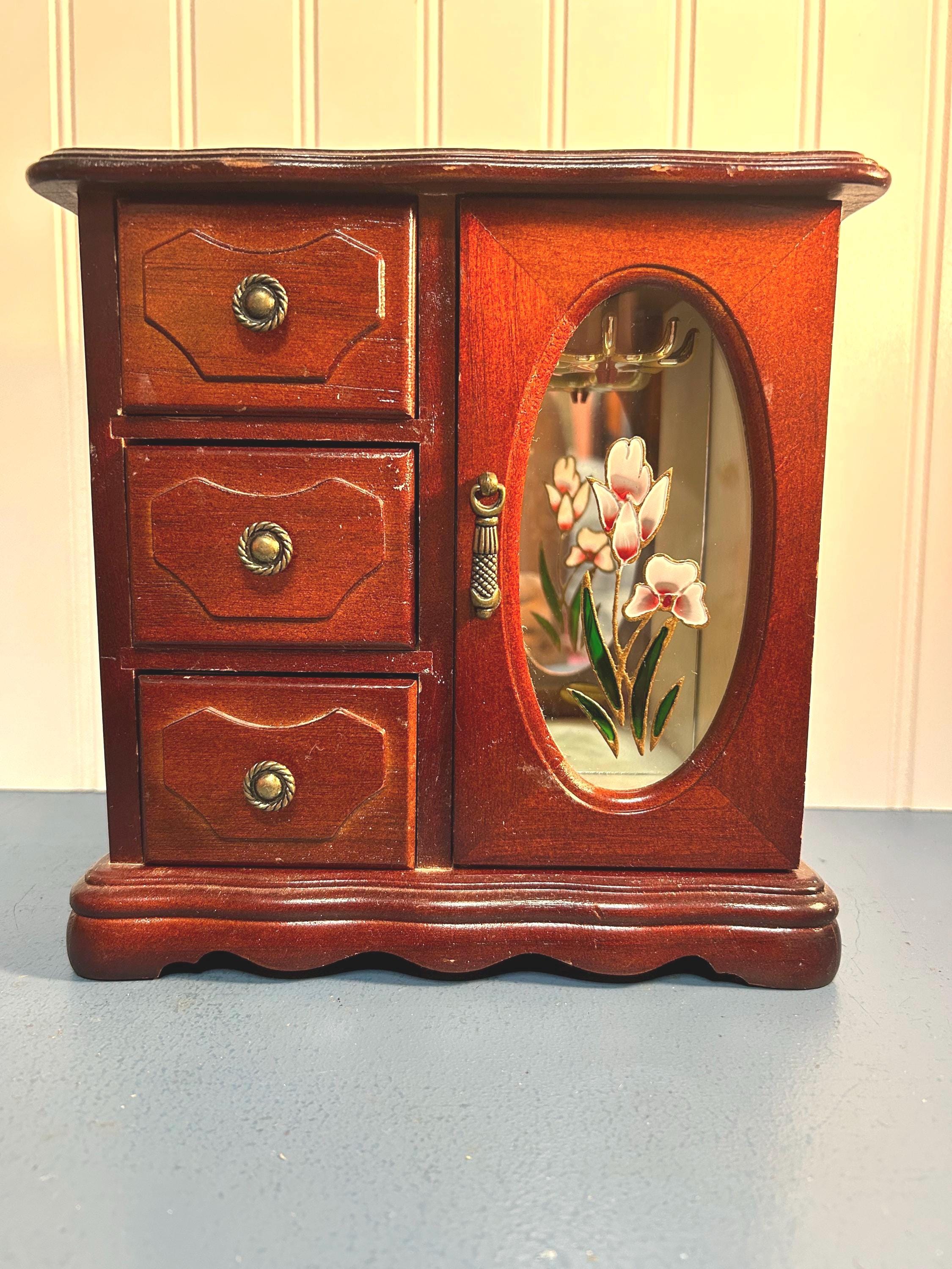 Vintage Mini Cherry Wood Jewelry Box/armoire W/ Floral Stained