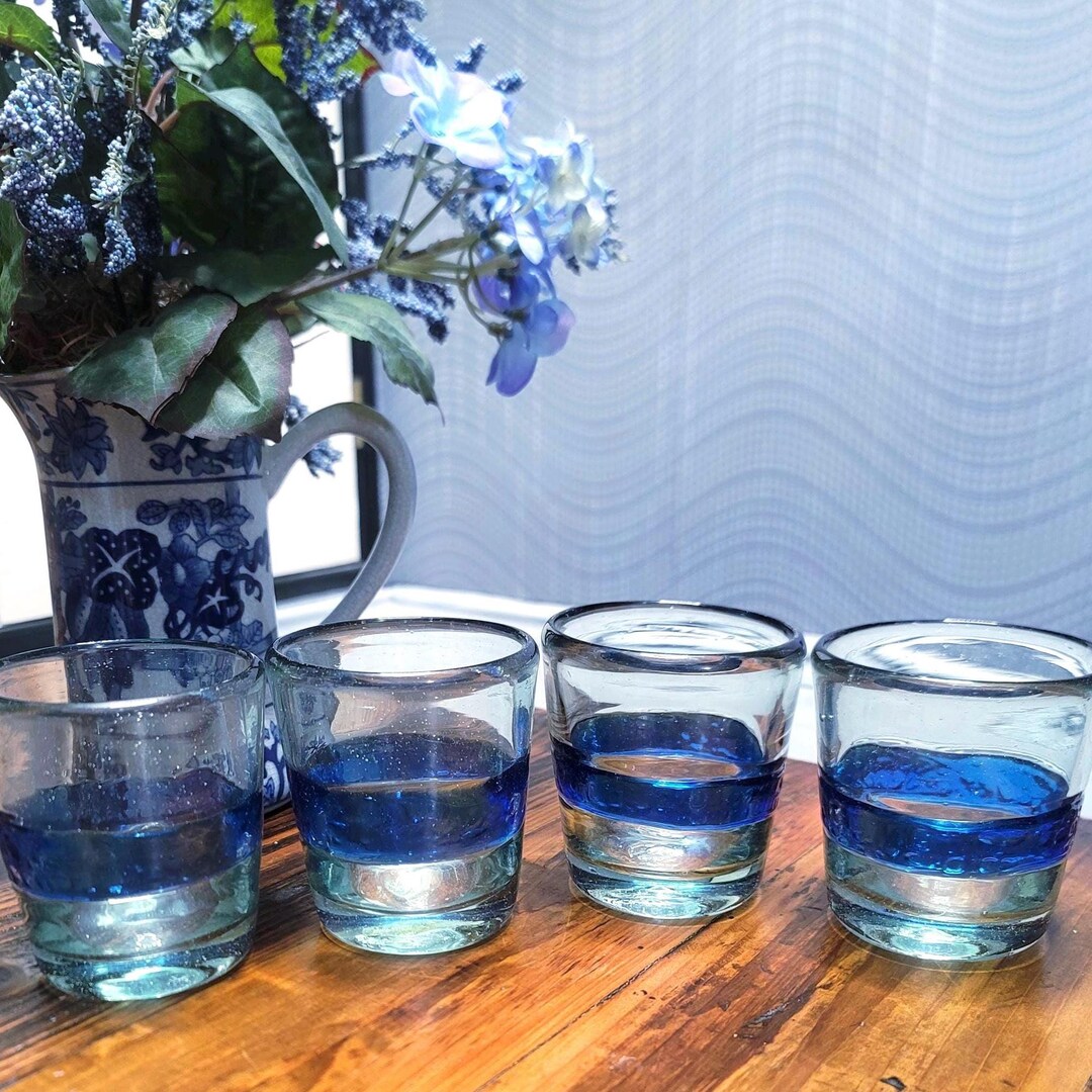 Cobalt Blue and Clear Drinking Glasses, Thick Hand Blown Glasses ~ Set ...