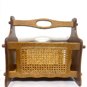 Revistero vintage de mimbre tejido de madera de roble, ratán, para libros, discos de vinilo, ~ 16"