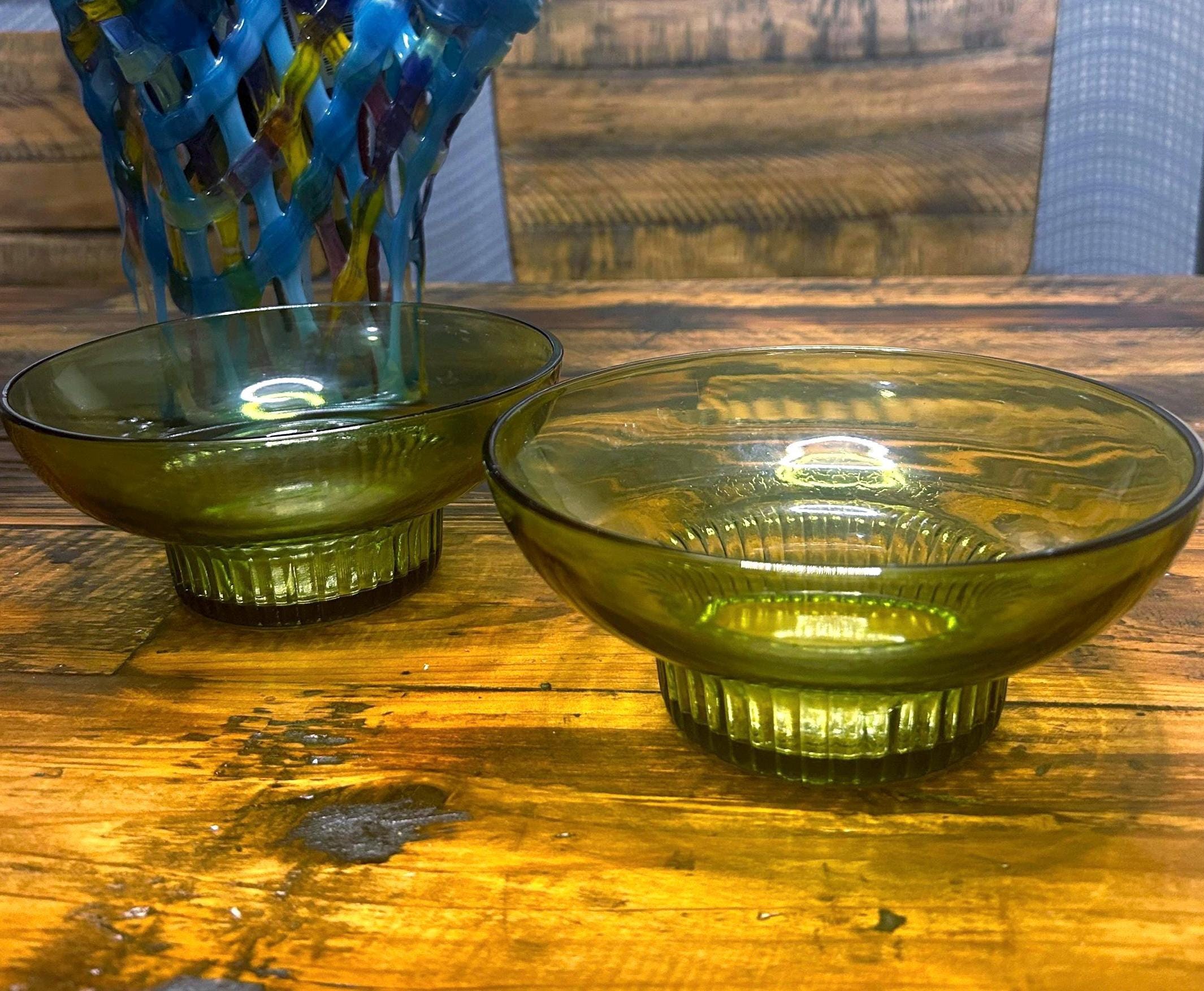 Vintage Olive Green Federal Glass Bowls w/ Ribbed Base ~ set of (2), 6.5”