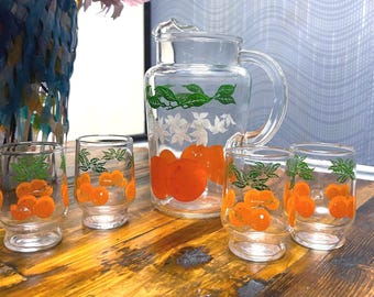 Vintage Federal Orange Juice Pitcher w/ 4 Glasses ~ set of 5