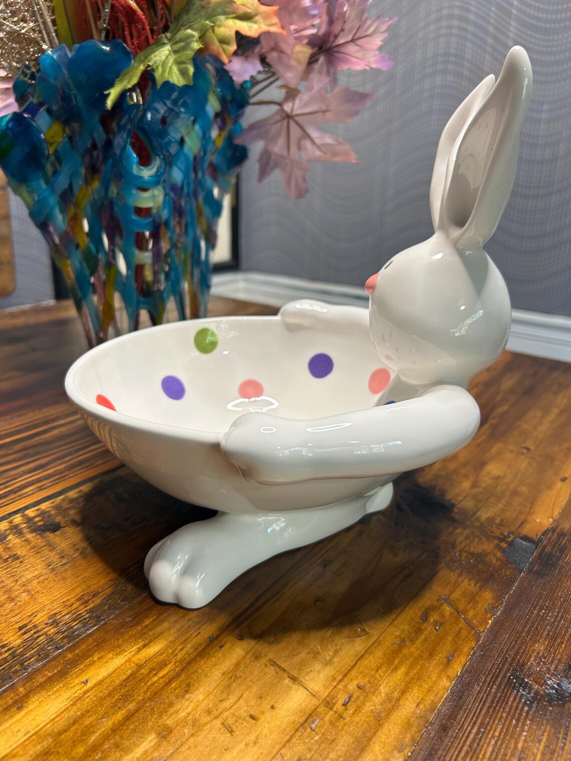 Vintage White and Polk-a-dot Rabbit Bowl, Colorful Bowl, Lillian Vernon ...