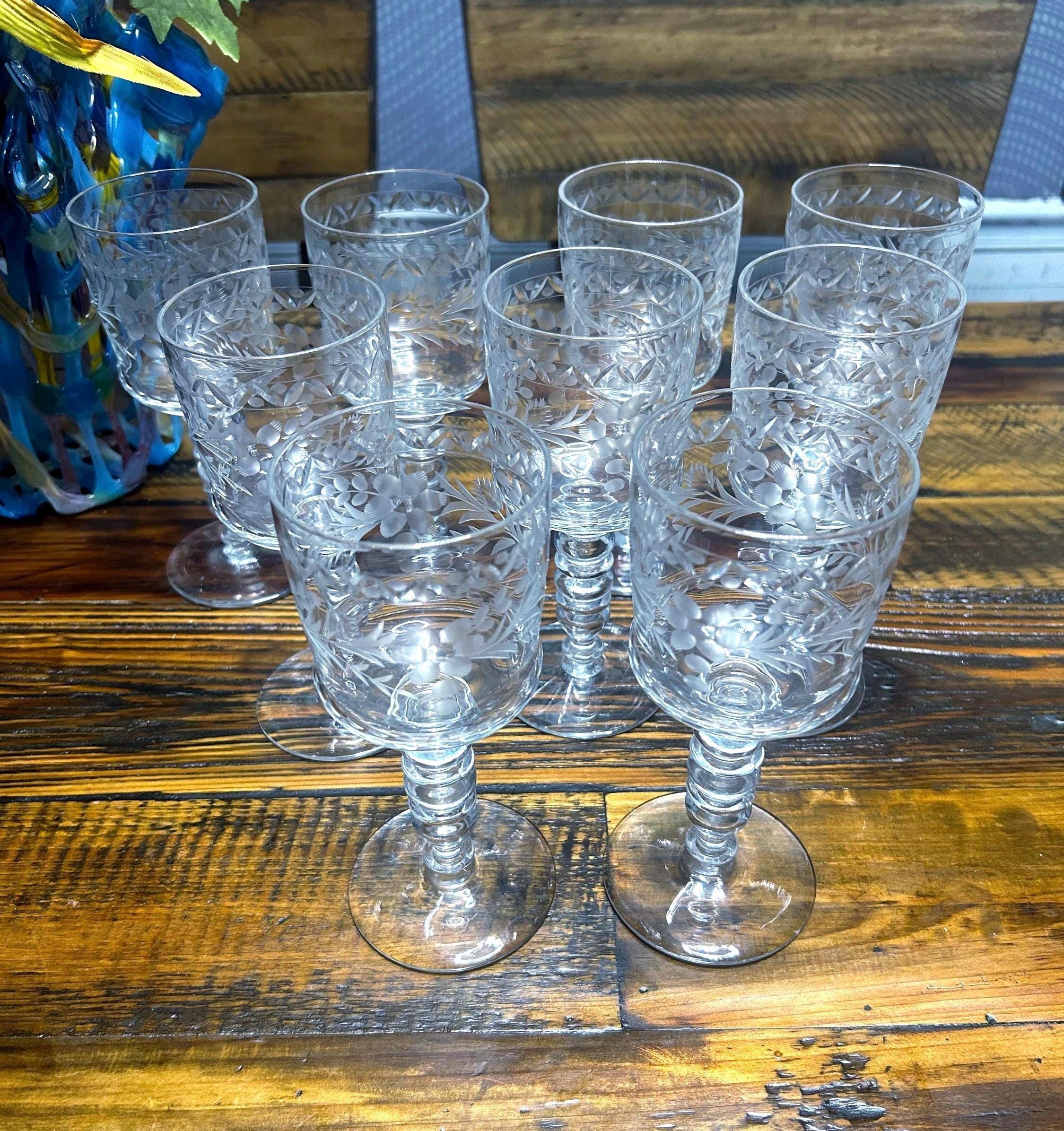 Vintage Multi~ Motif Etched Crystal Glasses ~ Set of 9 ~ 7.25