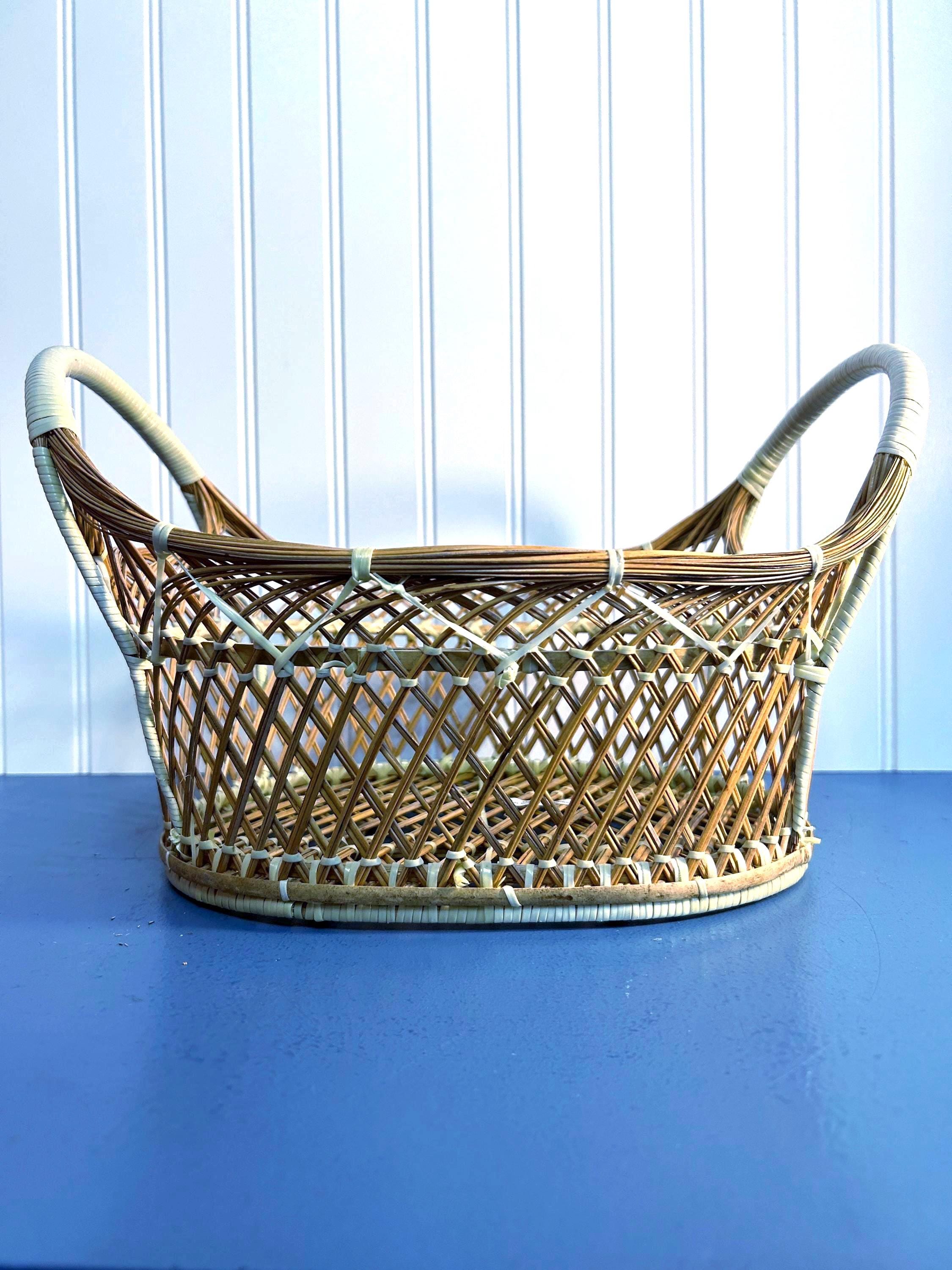 Ancien panier créel de pêche en osier 16,5 large sangle cuir décor