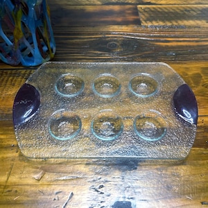 Italian Glass Service Tray for Shot Glasses/ Deviled Eggs holds (6) - Purple Handles - 10”