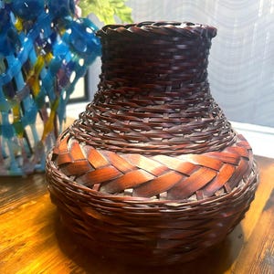 Vintage Japanese Ikebana Woven Bamboo Basket, Braided Wicker Vase ~ 8.5”