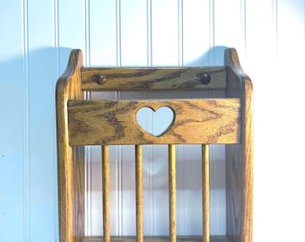 Vintage Solid Wood Wall Magazine Rack w/ Heart Cut Out, Storage ~ 12.5”