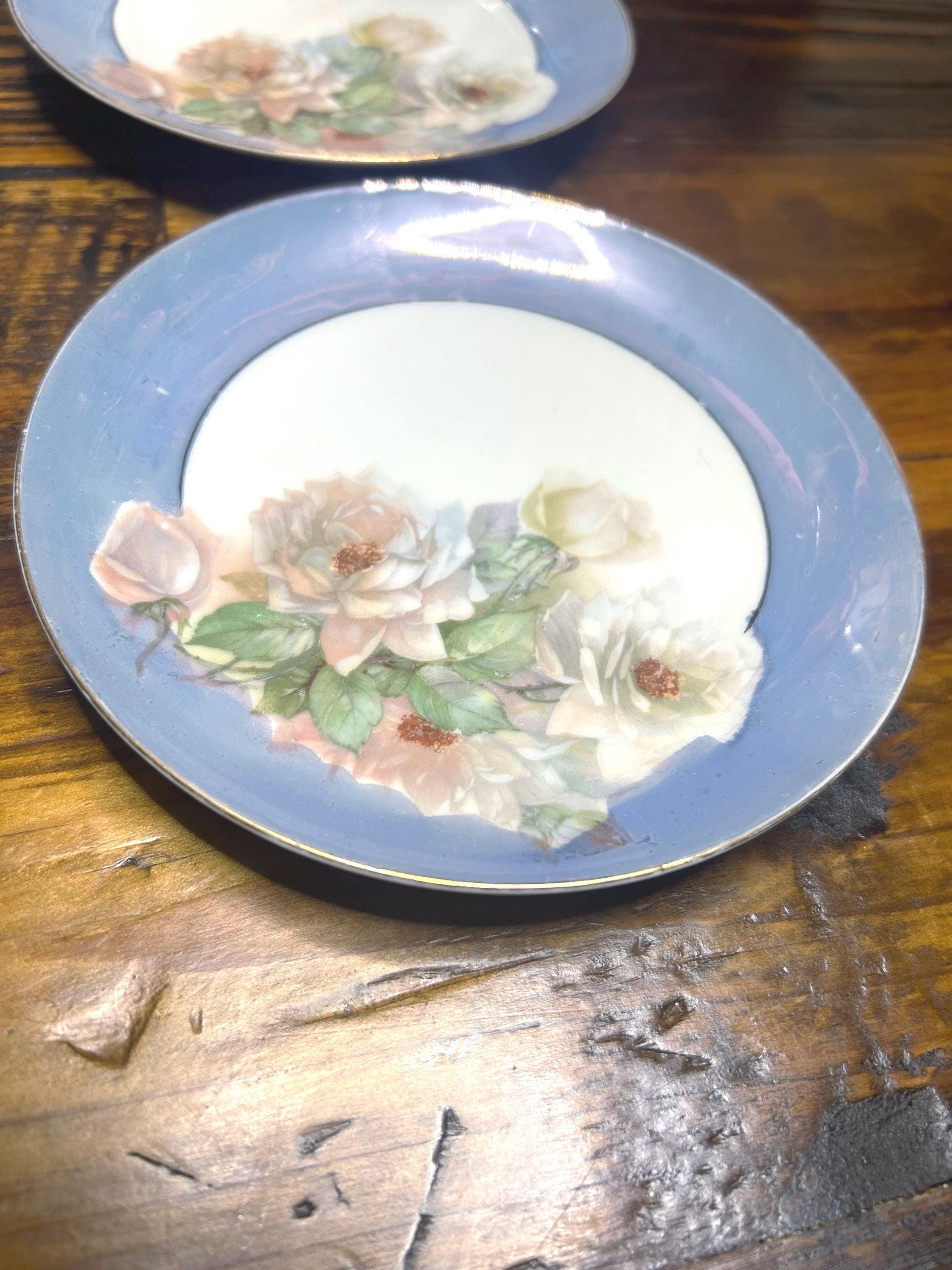 Vintage Bavaria Porcelain Bread Plates: Blue Floral, Gold Trim