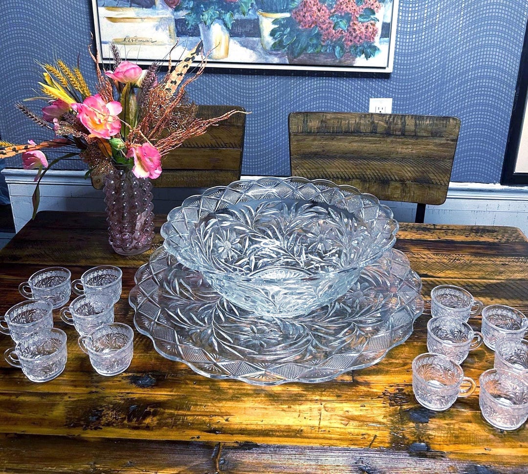 Vintage Floral Cut Crystal Punch Bowl Set: 15-piece Serving