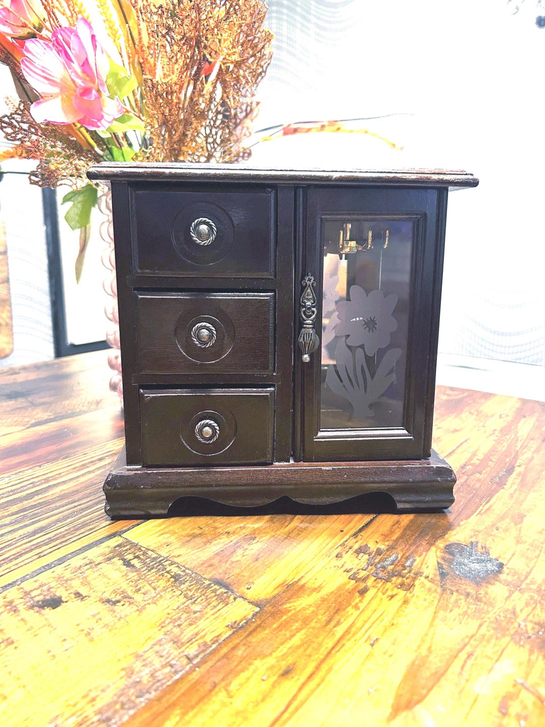 Vintage Wooden Jewelry Box W/ Floral Door, 3 ~ Drawers - Etsy