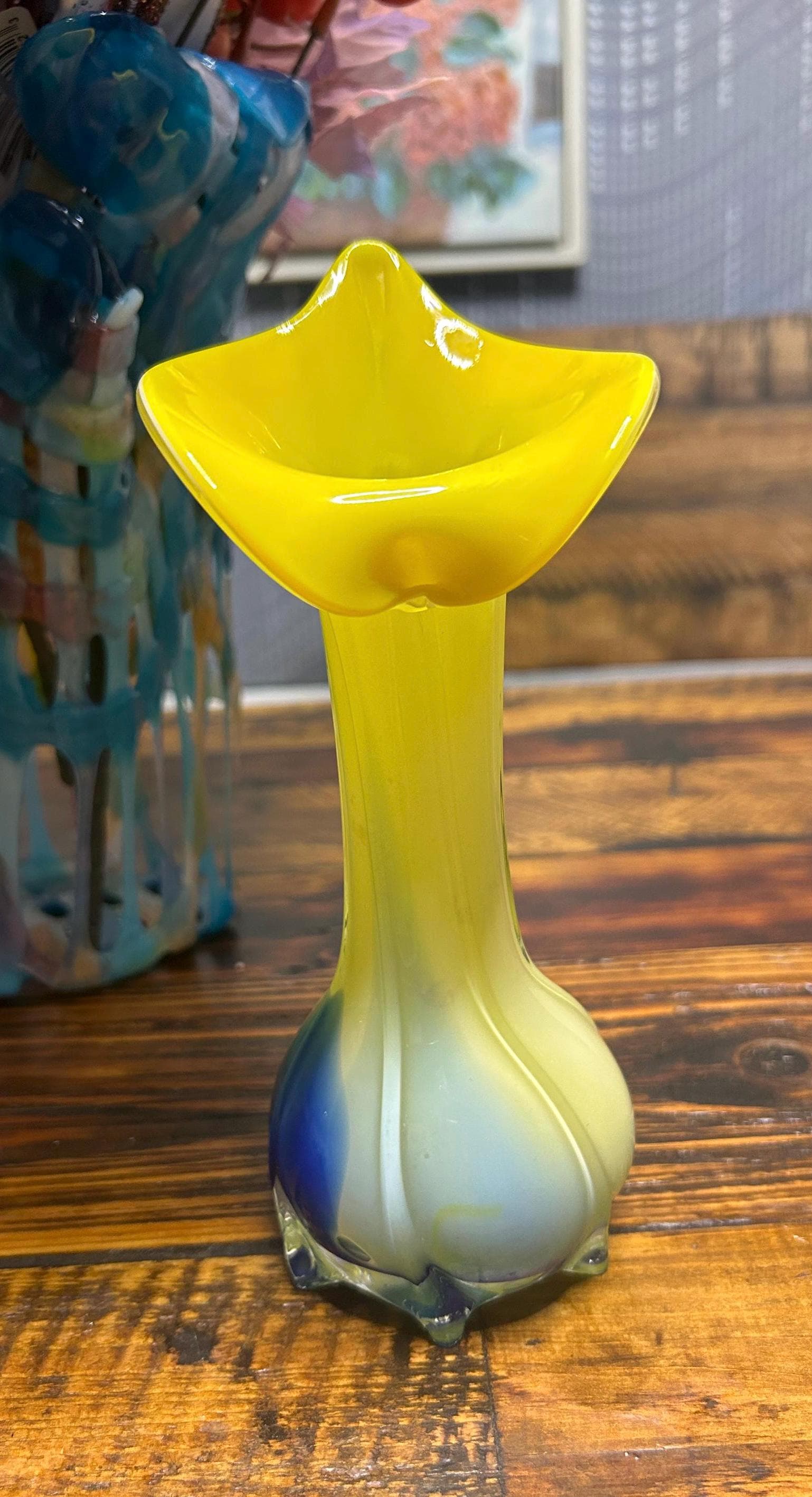 ヴィンテージ 手吹き イエロー＆ブルー ムラーノ カラ リリ 花瓶 ~ 8