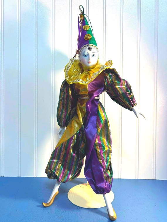 ヴィンテージ磁器製ピエロ・ハーレクイン人形（スタンド付き）〜18.5