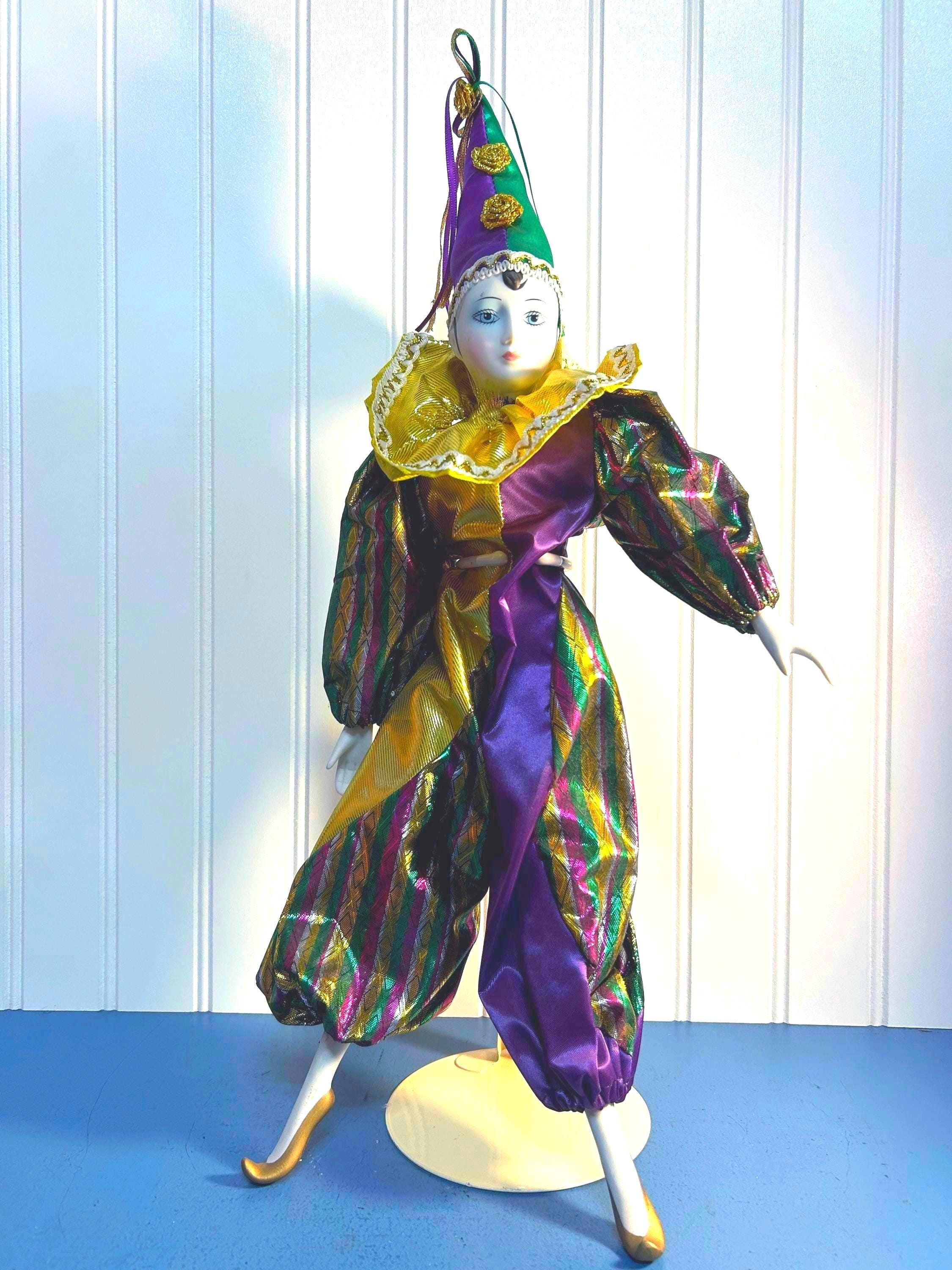 ヴィンテージ磁器製ピエロ・ハーレクイン人形（スタンド付き）〜18.5