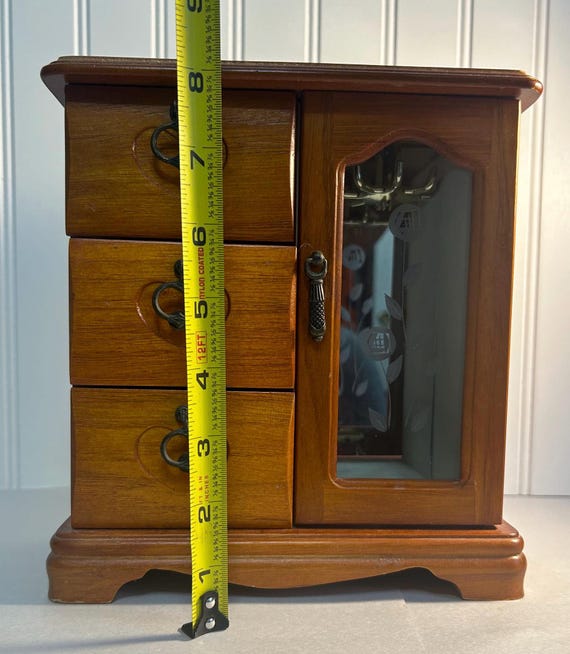 Vintage Wood Jewelry Box W/ Etched Floral Glass Door ~ 9”x 8 Vintage Wood Jewelry Box W/ Etched Floral Glass Door ~ 9”x 8