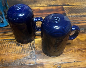 Vintage Fiesta Ceramic Cobalt Blue Salt & Pepper Shakers w/ Handle ~ 4.5”