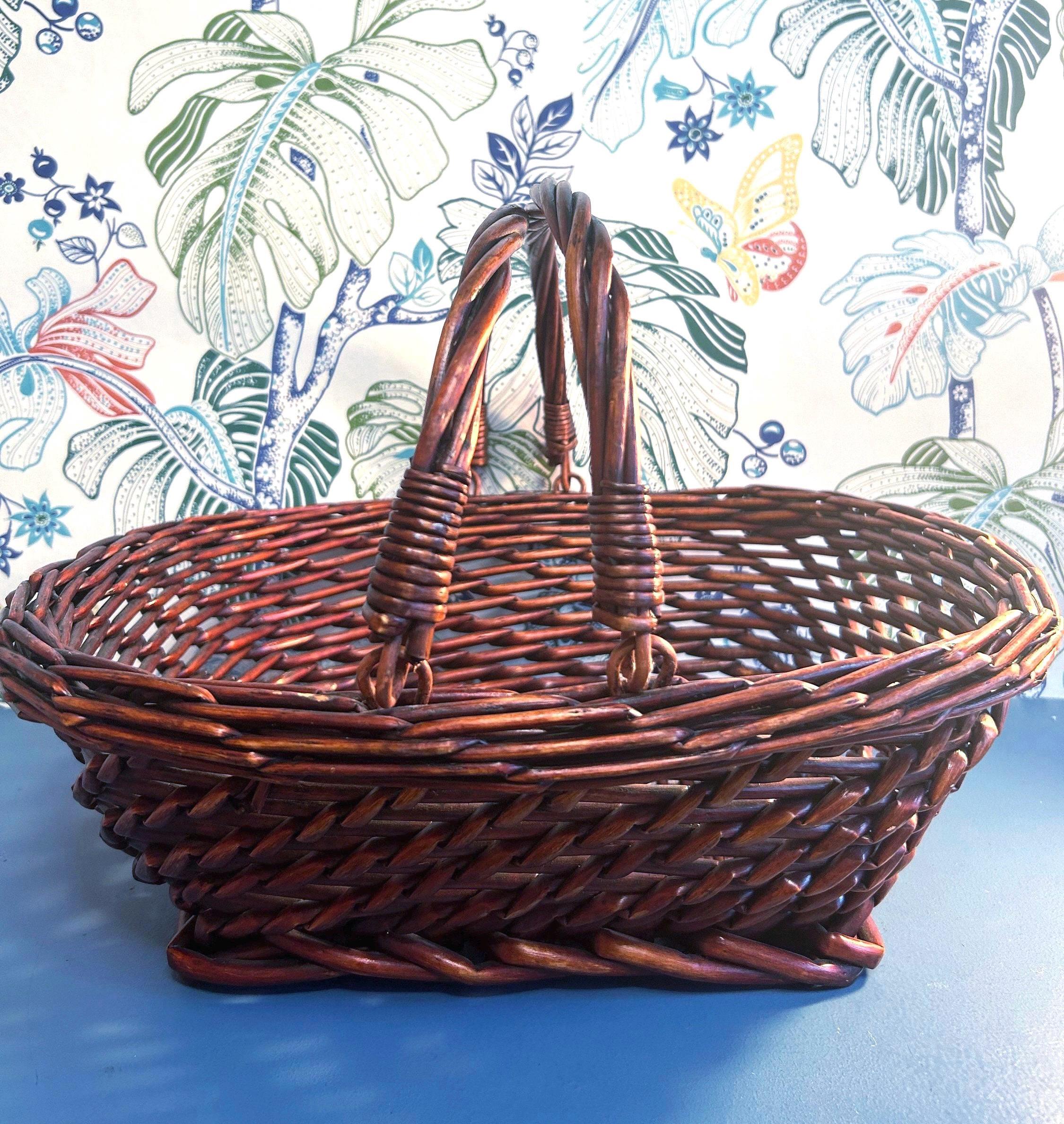 Vintage Natural Wood Basket w/Folding Handles ~ 15.5” (Large