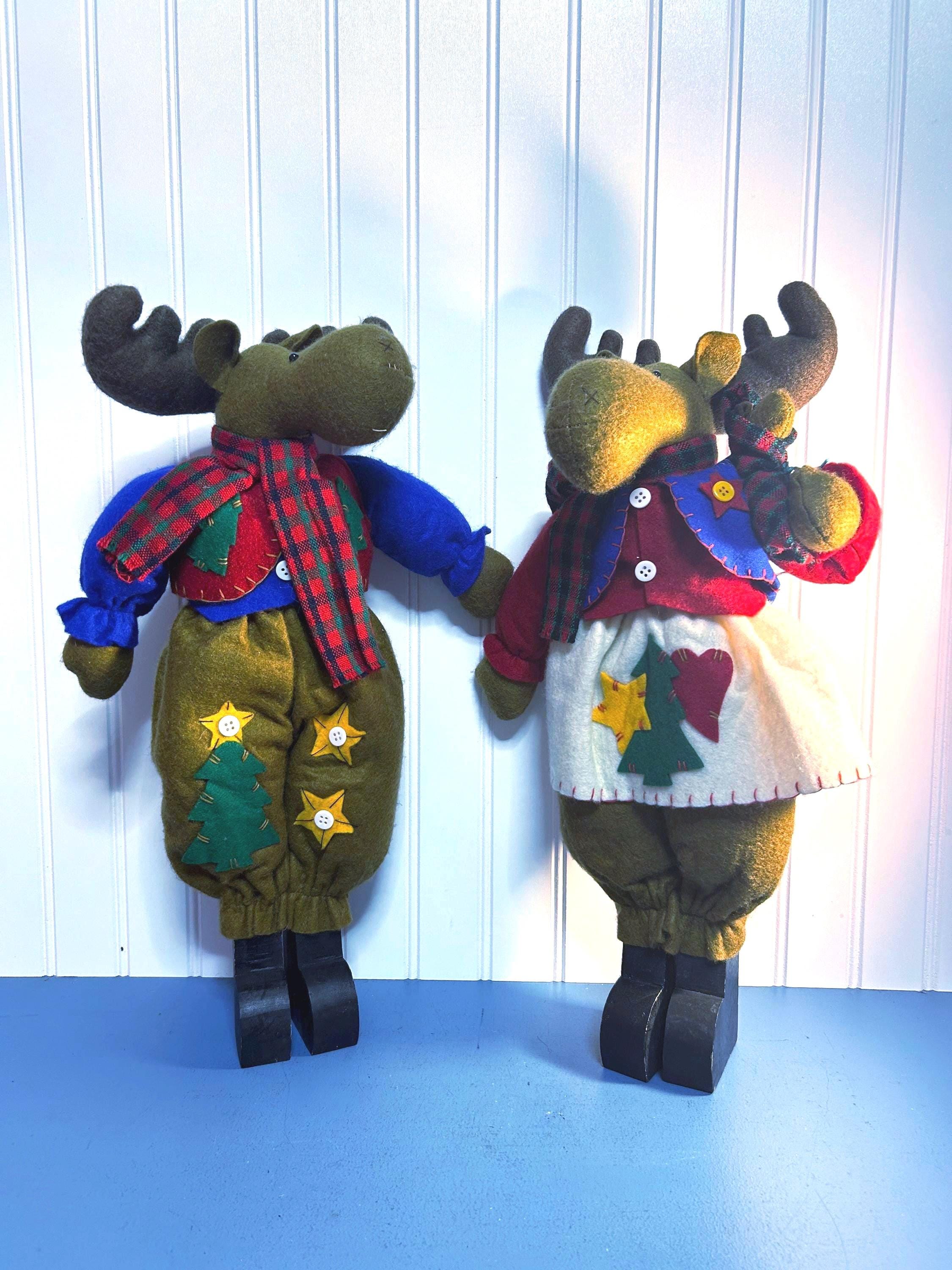 Vintage 1990s Christmas Moose Couple: Stuffed Felt Figurines- 18.5