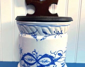 Vintage Blue and White Salt Box: Wooden Lid, Wall Mount