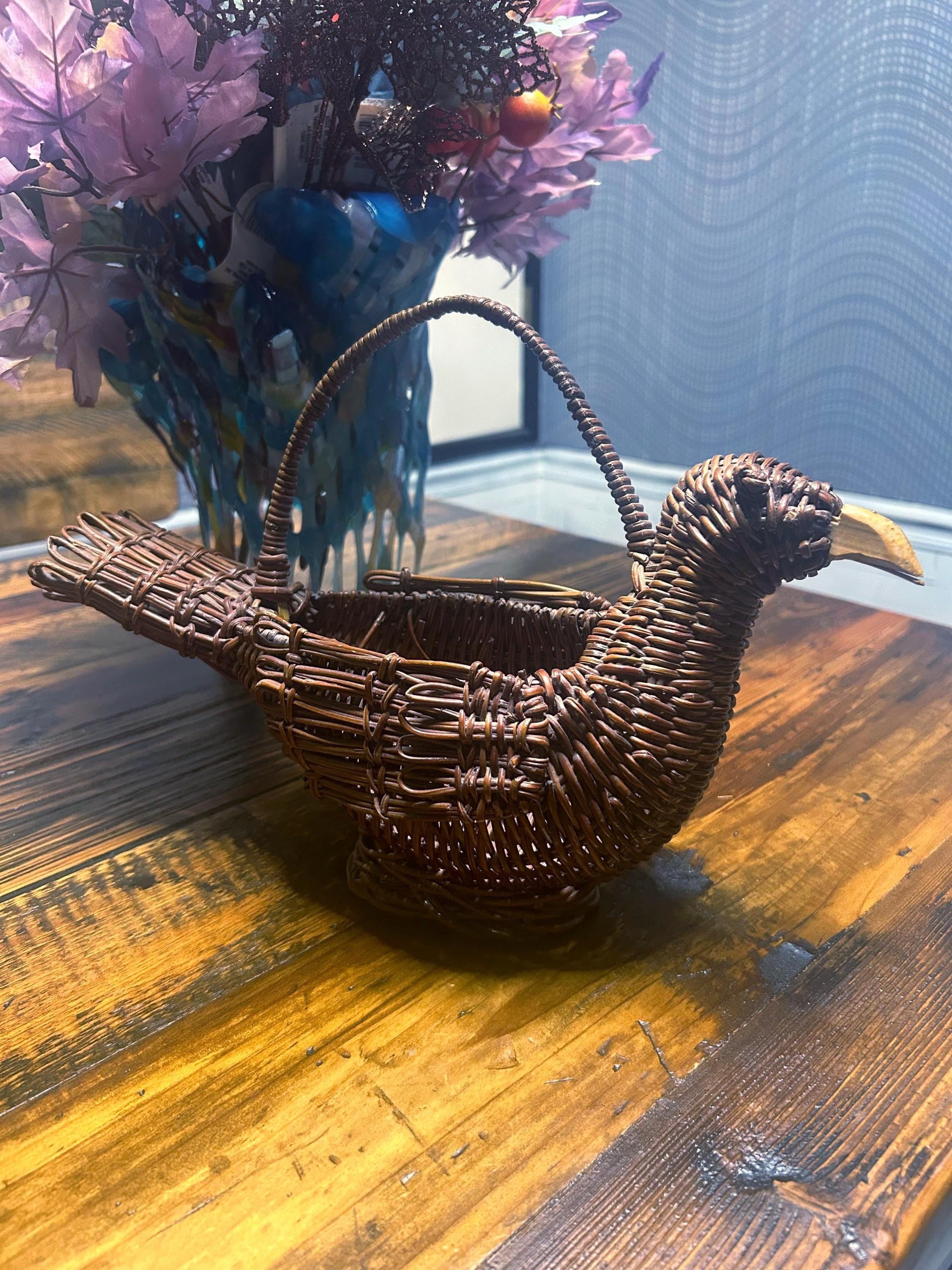 木製取手付き☆アジアン・ヴィンテージ☆バスケット ヴィンテージ ウィッカー バードバスケット ハンドル付き ~ 13インチ