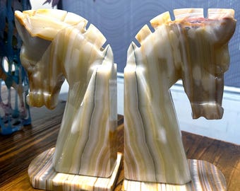 Vintage Onyx Trojan Horse Bookends, Marble Heads ~ set of (2)