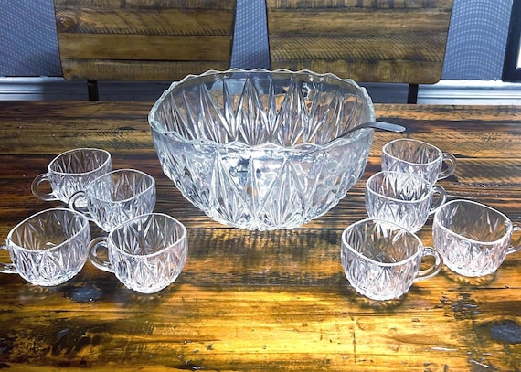 食器 Crystal Bowl Vintage Crystal Square Shaped 10.58” Punch Bowl W/ 8 Cups