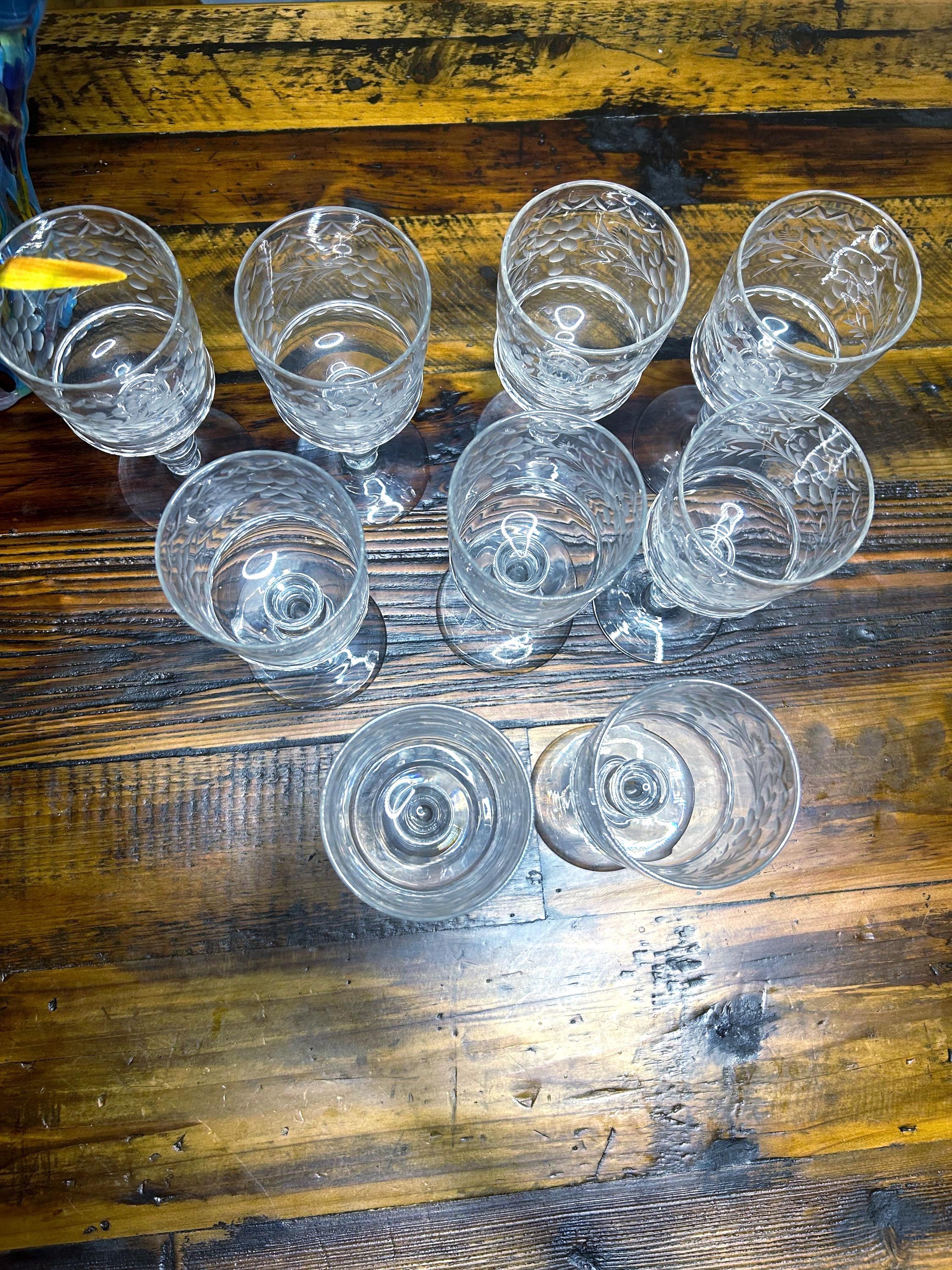 Vintage Multi~ Motif Etched Crystal Glasses ~ Set of 9 ~ 7.25