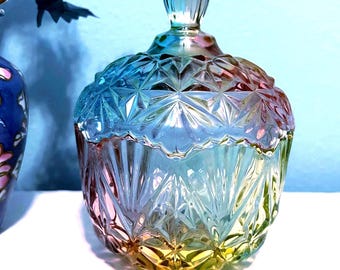 Vintage Rainbow Glass Candy Jar w/ Lid ~ 7.5”