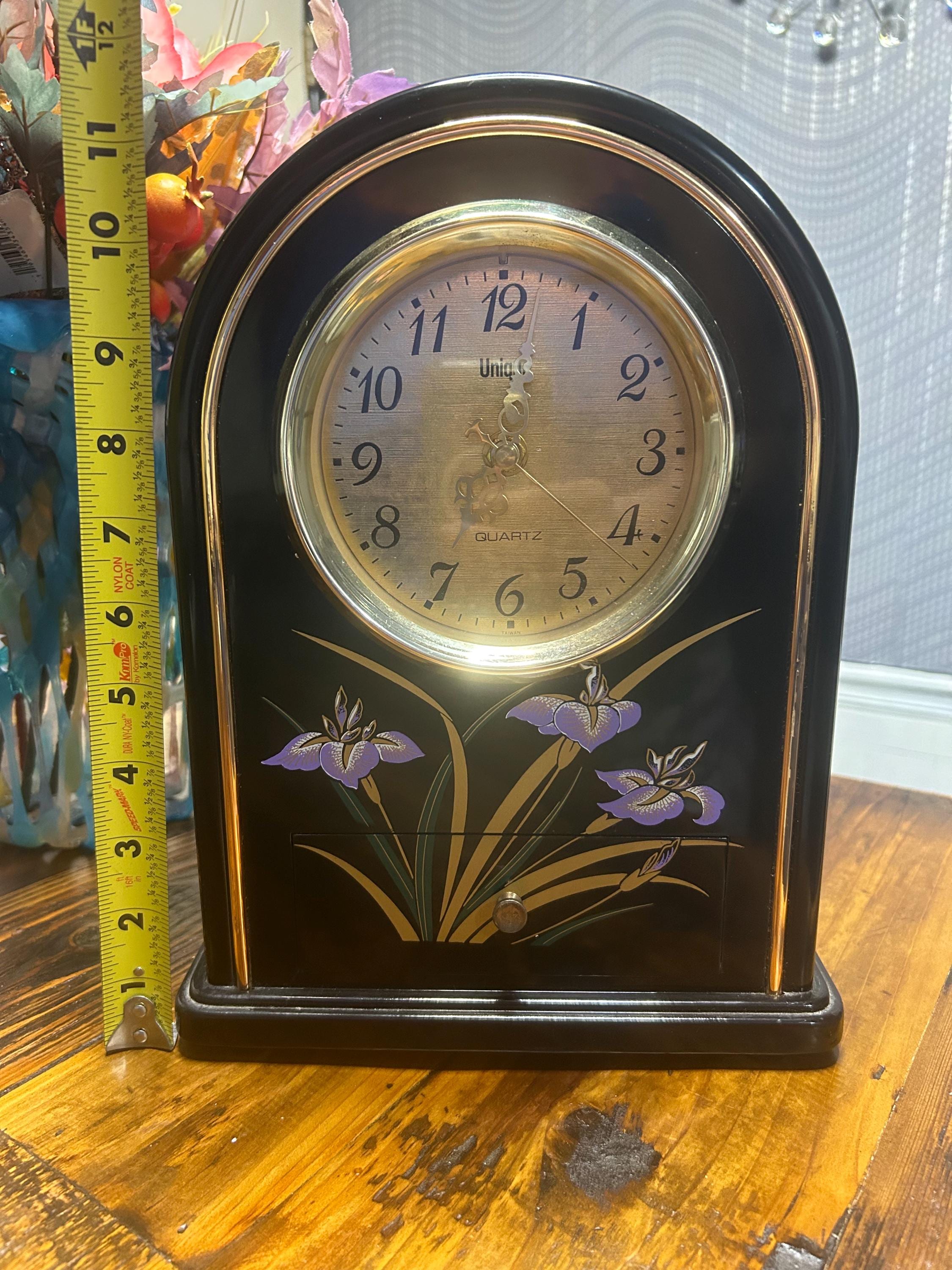 Vintage Unique Quartz Black Floral Clock W/ Drawer Made in Taiwan